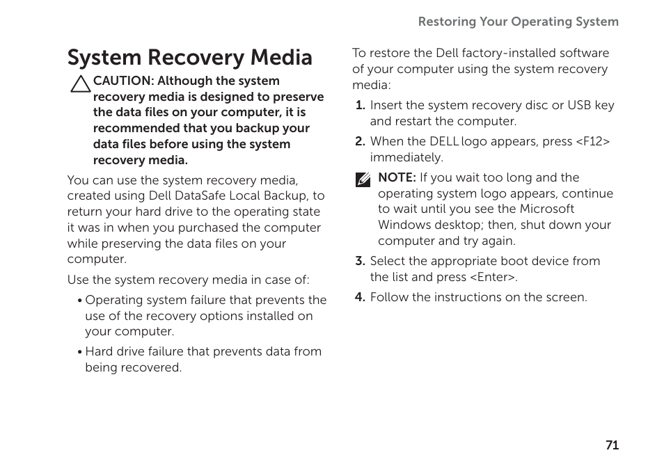 System recovery media | Dell Inspiron 14R (N4110, Early 2011) User Manual | Page 73 / 102