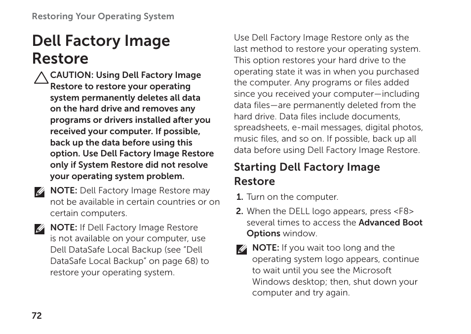 Dell factory image restore | Dell Inspiron 14R (N4110, Early 2011) User Manual | Page 74 / 102