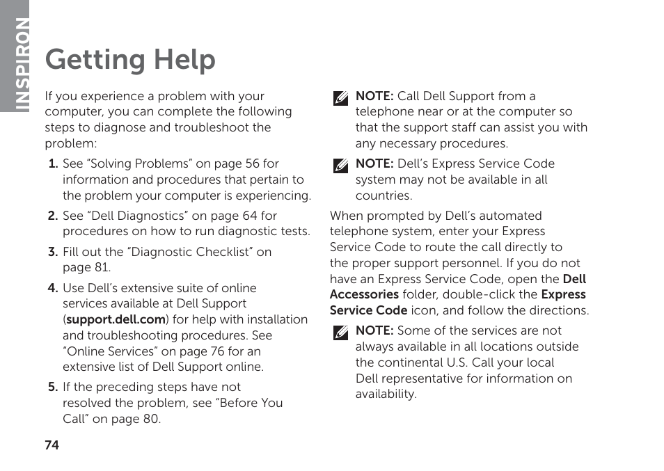 Getting help, Inspiron | Dell Inspiron 14R (N4110, Early 2011) User Manual | Page 76 / 102