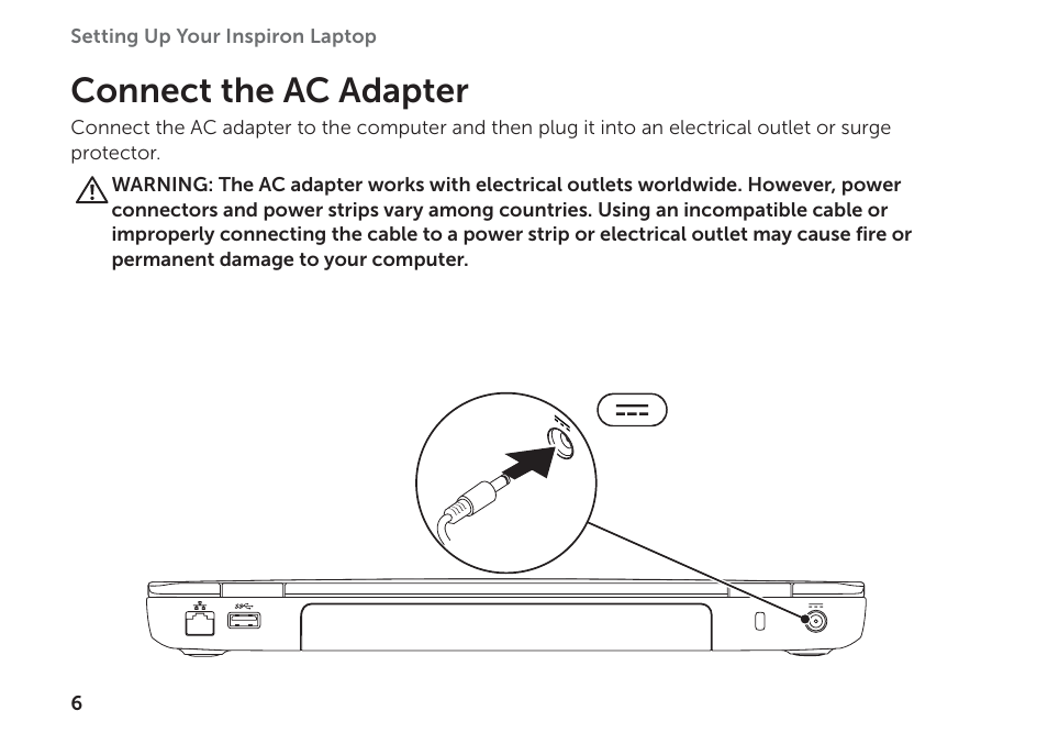 Connect the ac adapter | Dell Inspiron 14R (N4110, Early 2011) User Manual | Page 8 / 102