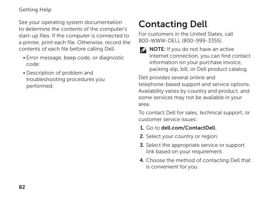Contacting dell | Dell Inspiron 14R (N4110, Early 2011) User Manual | Page 84 / 102