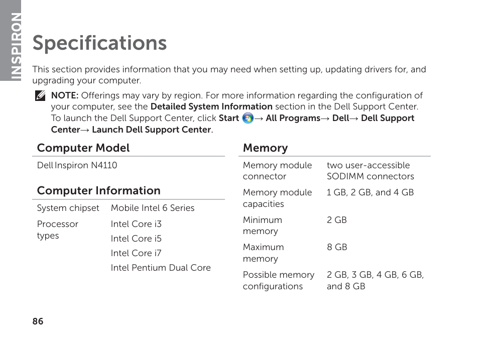 Specifications, Inspiron | Dell Inspiron 14R (N4110, Early 2011) User Manual | Page 88 / 102