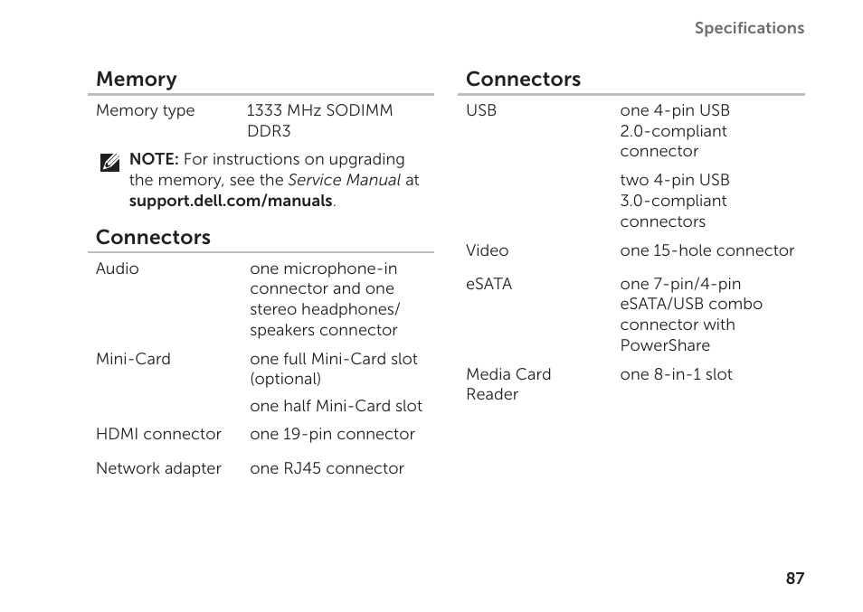 Connectors | Dell Inspiron 14R (N4110, Early 2011) User Manual | Page 89 / 102