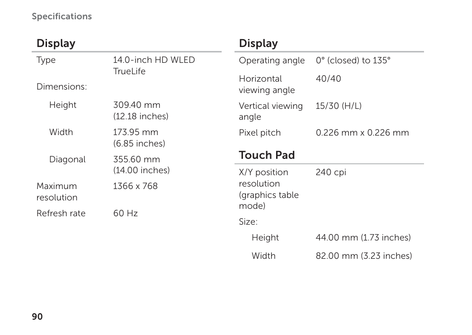Display, Touch pad | Dell Inspiron 14R (N4110, Early 2011) User Manual | Page 92 / 102