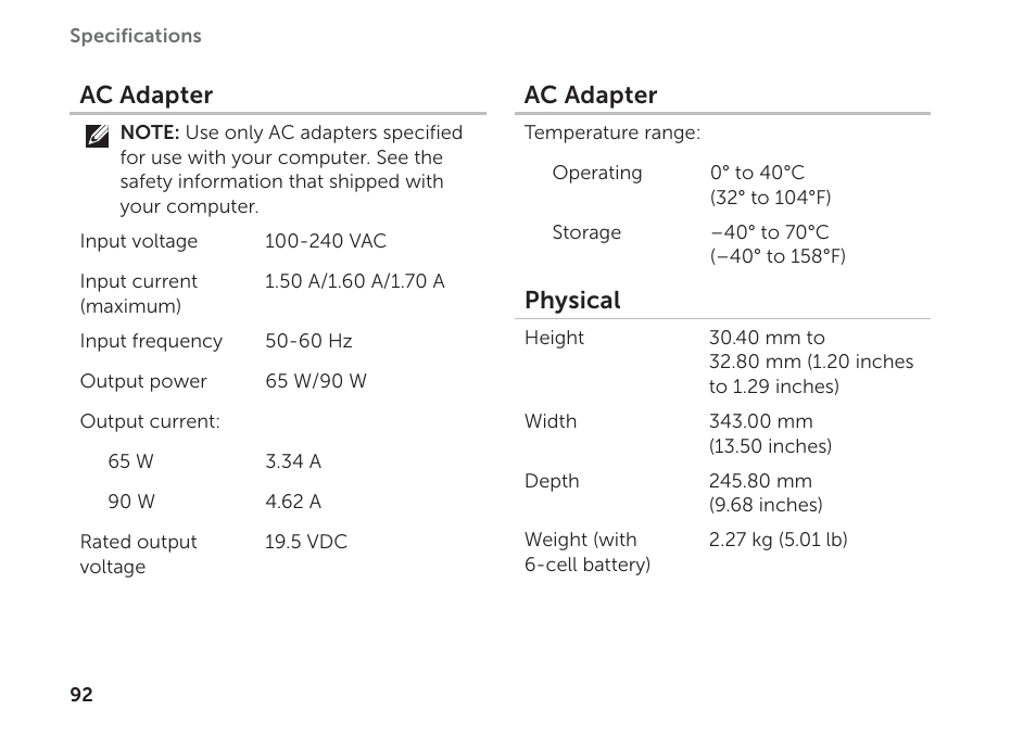 Ac adapter, Physical | Dell Inspiron 14R (N4110, Early 2011) User Manual | Page 94 / 102