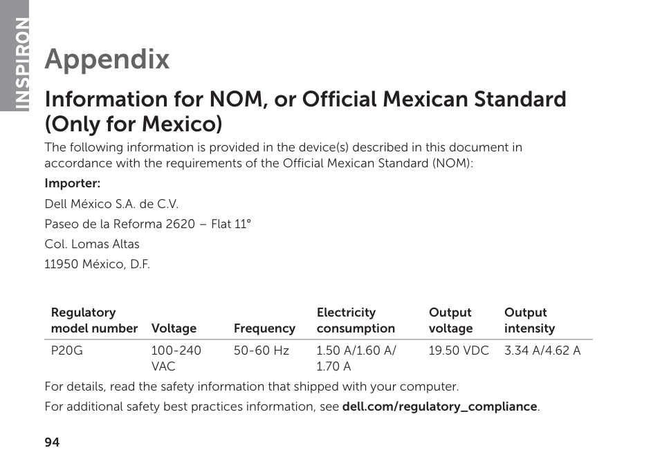 Appendix, Inspiron | Dell Inspiron 14R (N4110, Early 2011) User Manual | Page 96 / 102