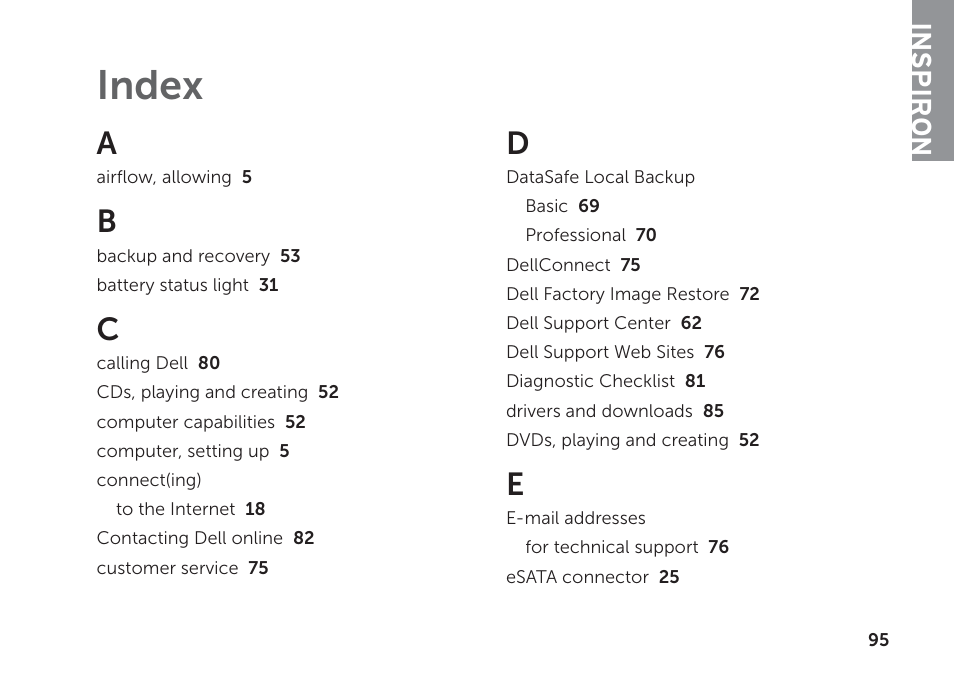 Index, Inspiron | Dell Inspiron 14R (N4110, Early 2011) User Manual | Page 97 / 102