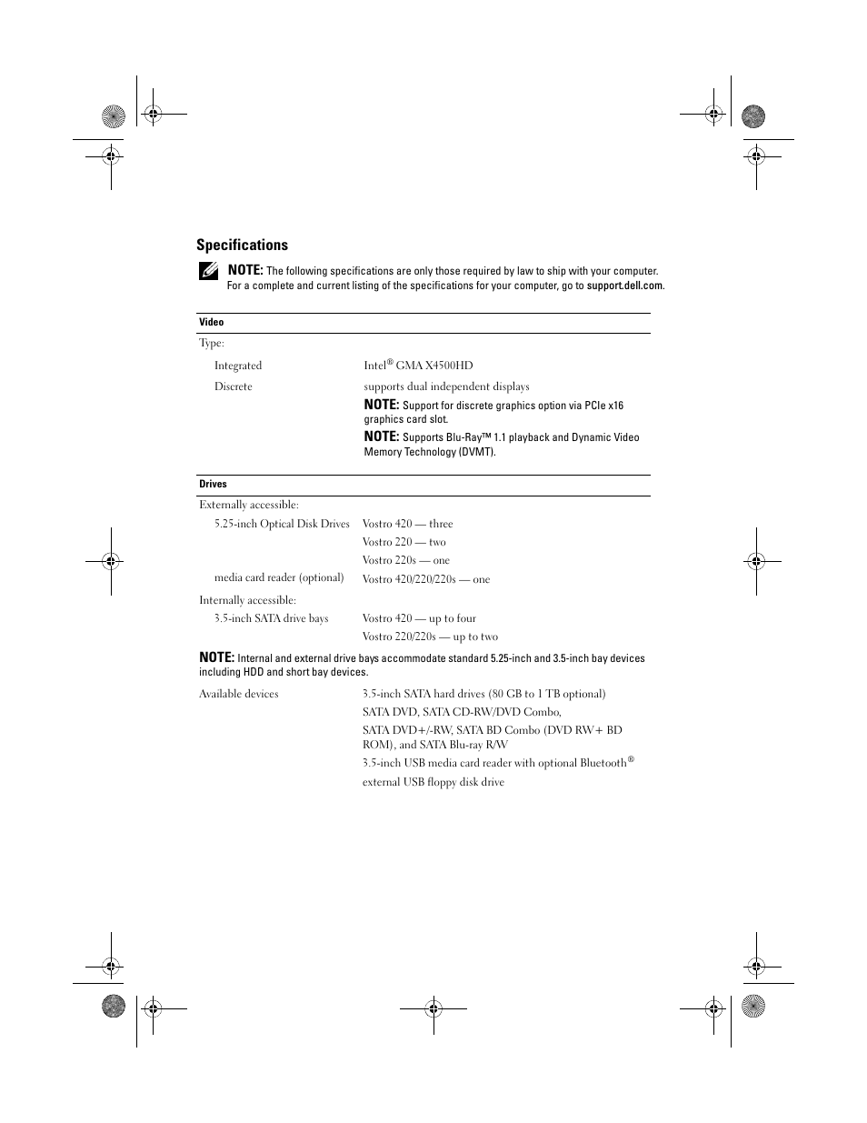 Specifications | Dell Vostro 220 (Late 2008) User Manual | Page 7 / 10