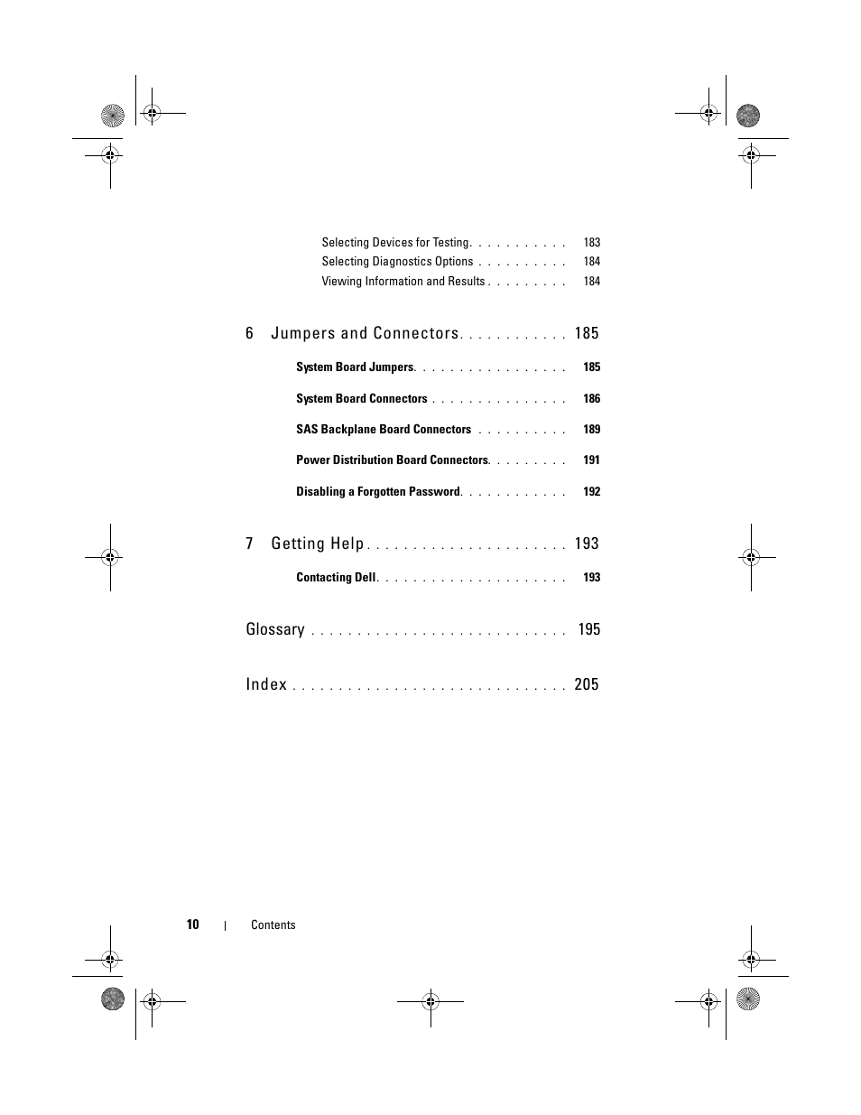 6jumpers and connectors, 7getting help, Glossary | 195 index | Dell PowerEdge T710 User Manual | Page 10 / 214