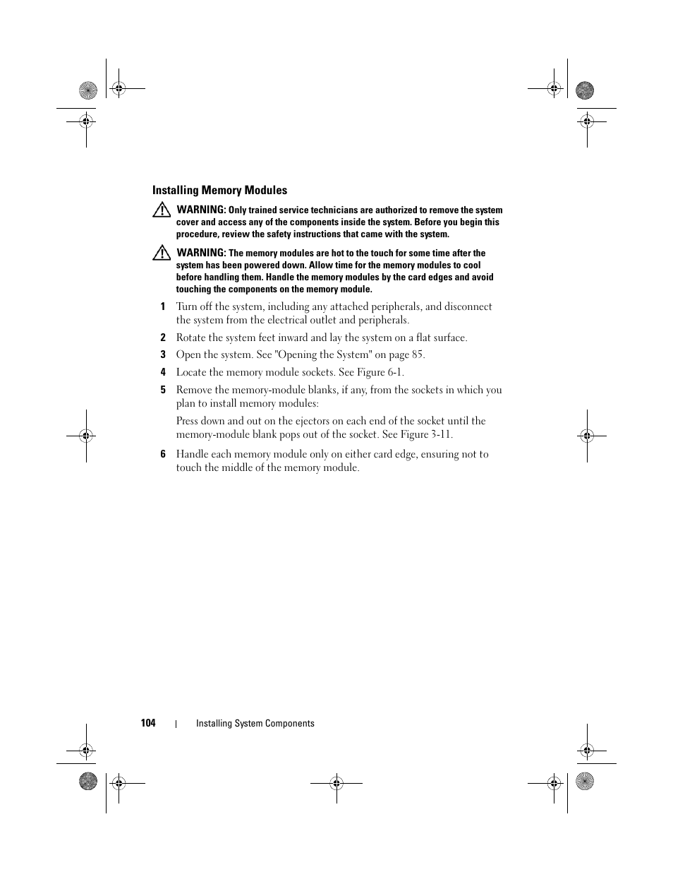 Installing memory modules | Dell PowerEdge T710 User Manual | Page 104 / 214