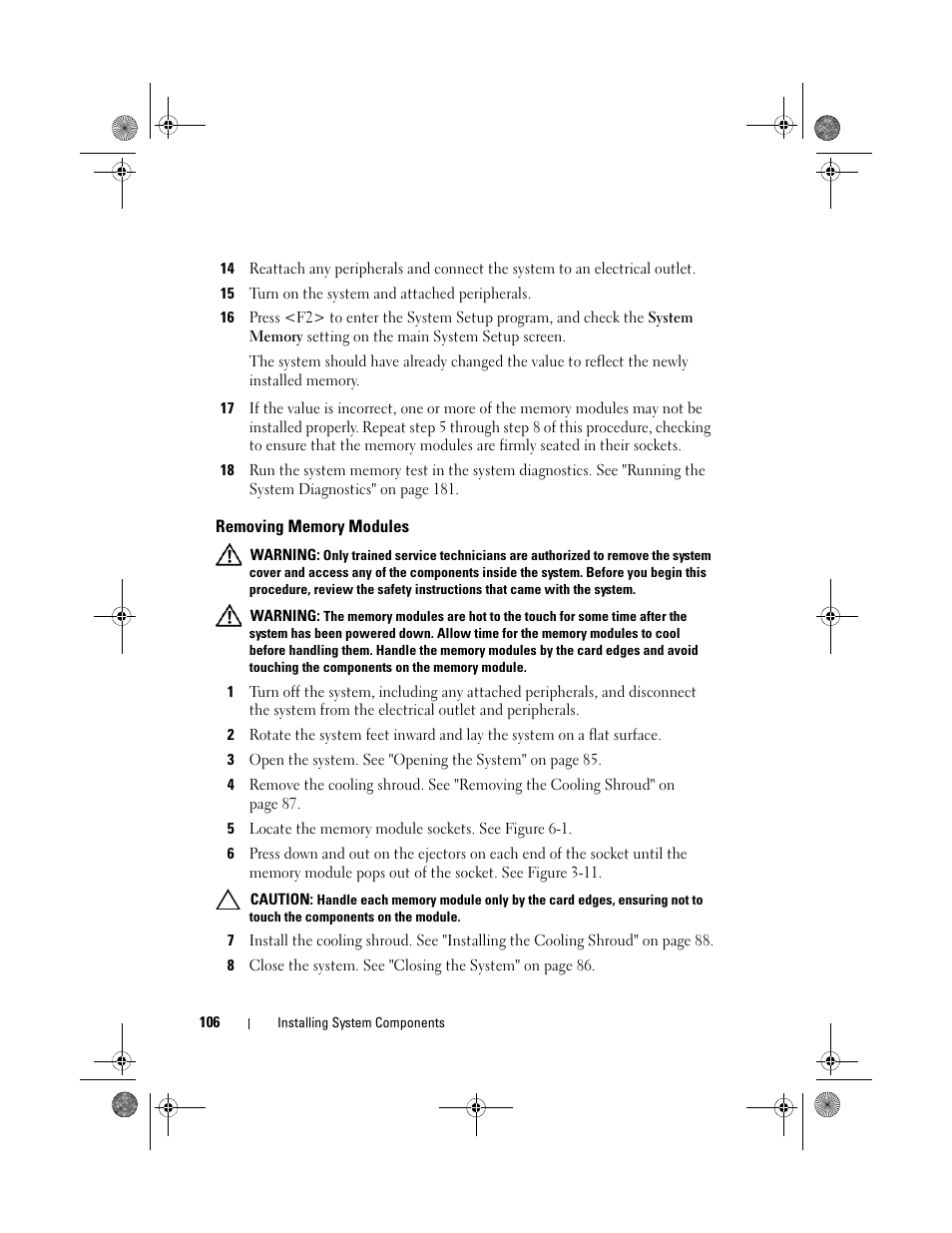 Removing memory modules | Dell PowerEdge T710 User Manual | Page 106 / 214