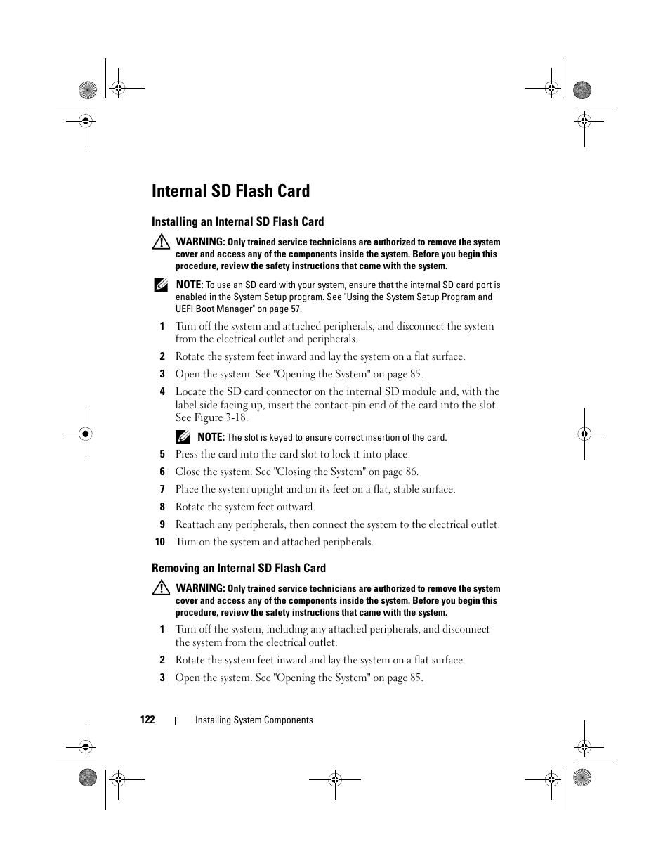 Internal sd flash card, Installing an internal sd flash card, Removing an internal sd flash card | Dell PowerEdge T710 User Manual | Page 122 / 214