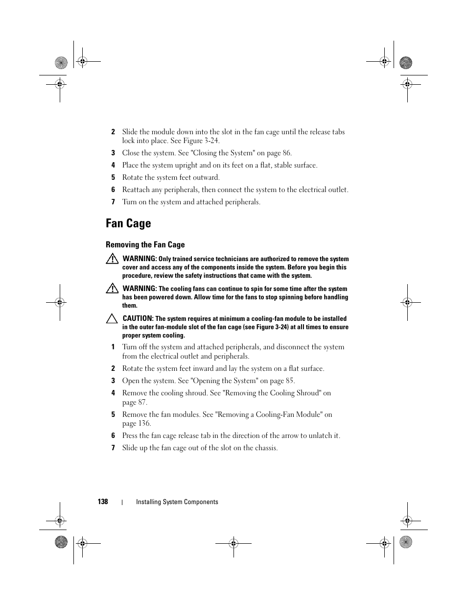 Fan cage, Removing the fan cage | Dell PowerEdge T710 User Manual | Page 138 / 214