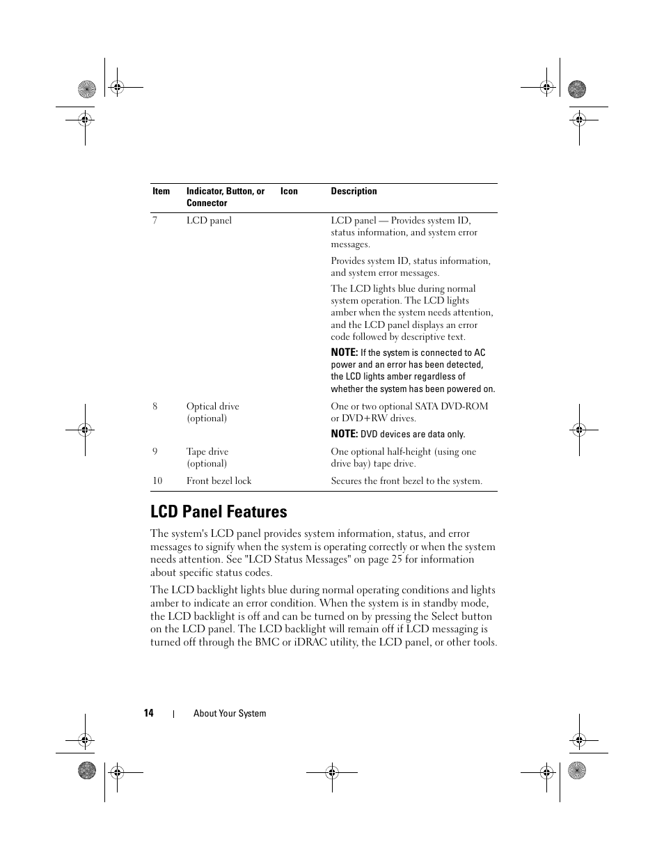 Lcd panel features | Dell PowerEdge T710 User Manual | Page 14 / 214