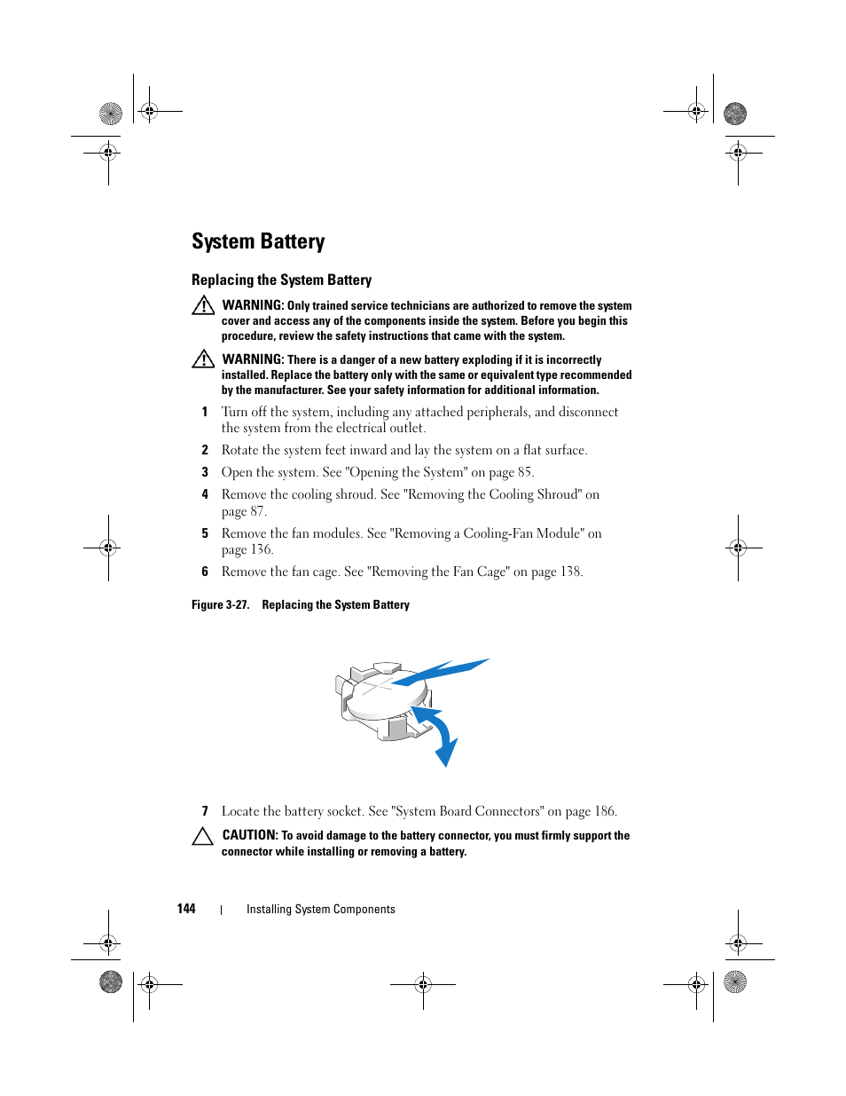 System battery, Replacing the system battery | Dell PowerEdge T710 User Manual | Page 144 / 214