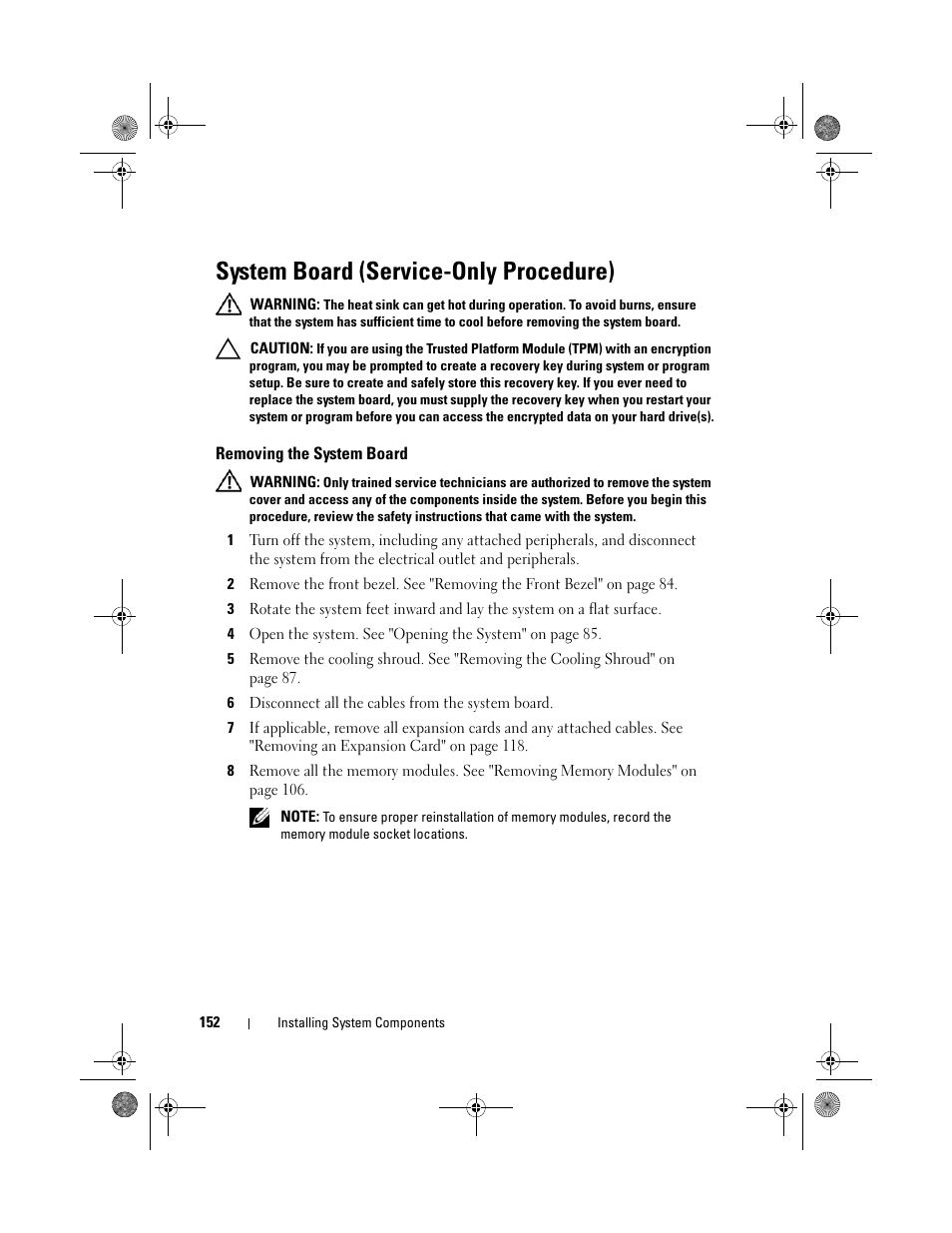 System board (service-only procedure), Removing the system board | Dell PowerEdge T710 User Manual | Page 152 / 214