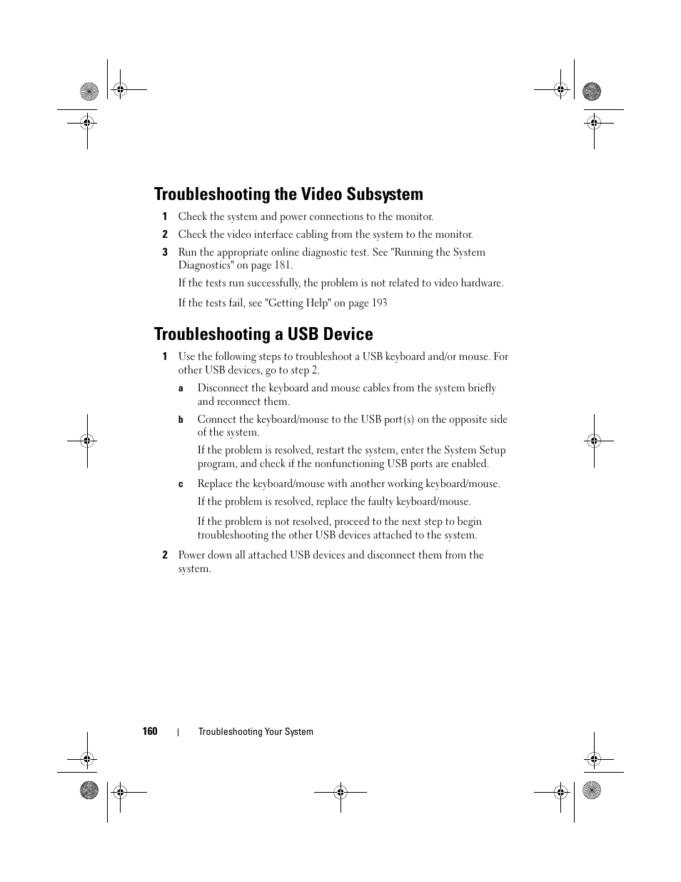 Troubleshooting the video subsystem, Troubleshooting a usb device | Dell PowerEdge T710 User Manual | Page 160 / 214