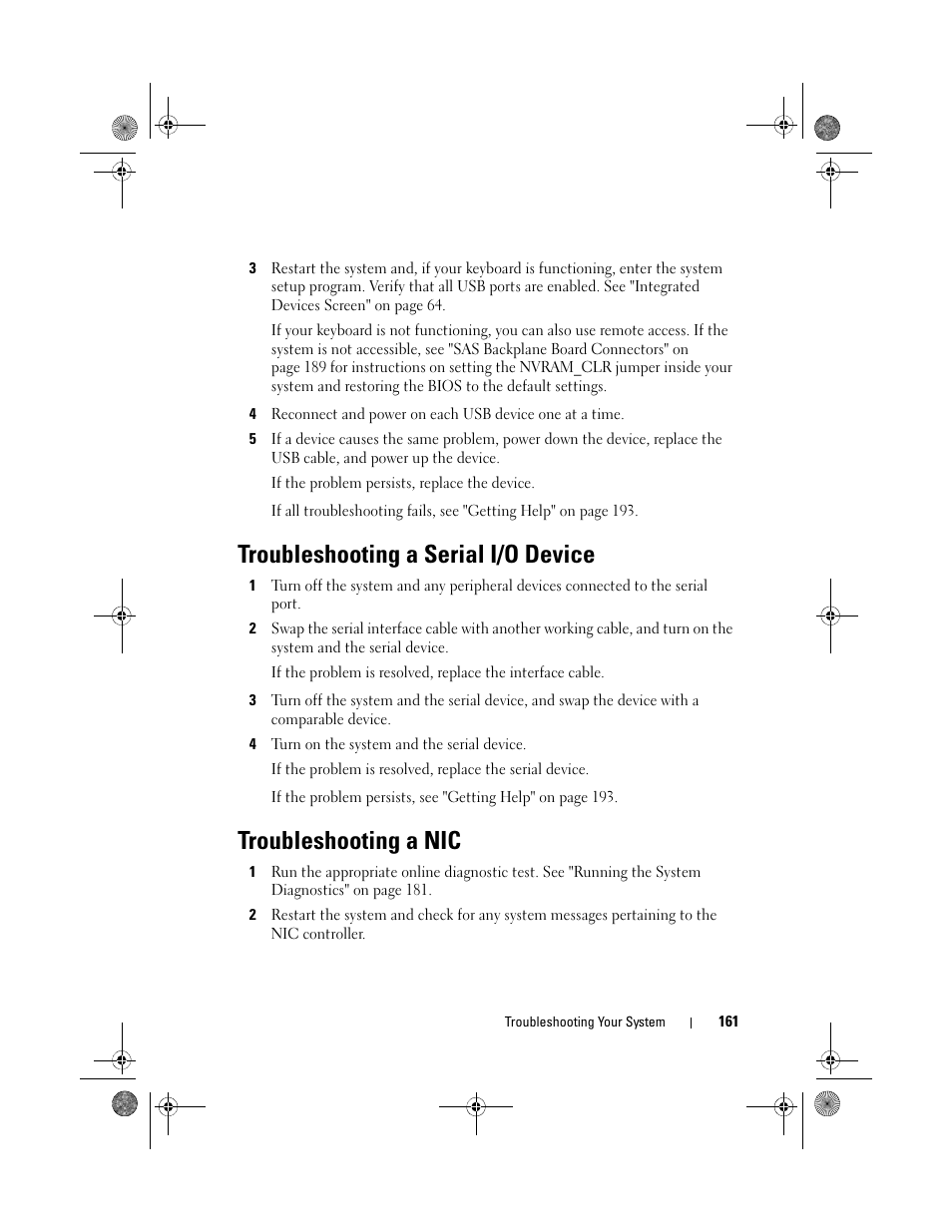 Troubleshooting a serial i/o device, Troubleshooting a nic | Dell PowerEdge T710 User Manual | Page 161 / 214