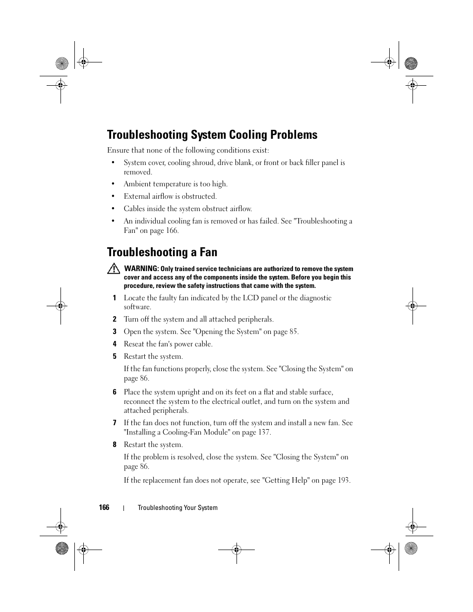 Troubleshooting system cooling problems, Troubleshooting a fan | Dell PowerEdge T710 User Manual | Page 166 / 214