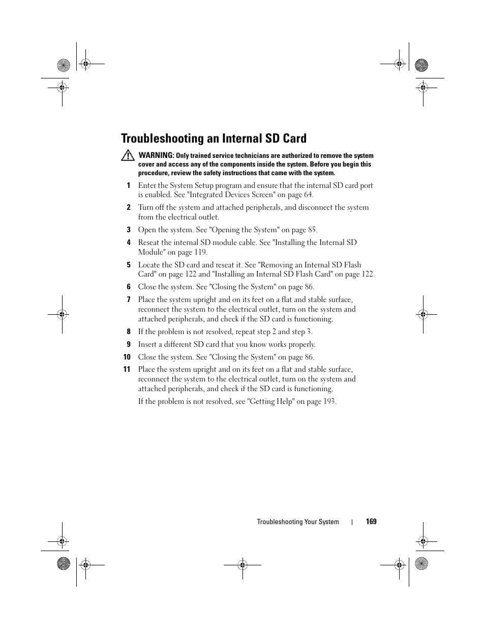 Troubleshooting an internal sd card | Dell PowerEdge T710 User Manual | Page 169 / 214