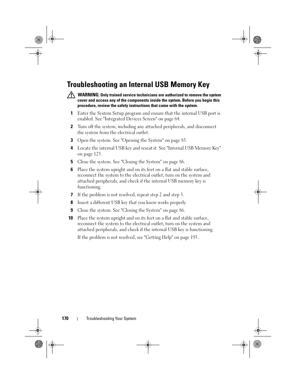 Troubleshooting an internal usb memory key | Dell PowerEdge T710 User Manual | Page 170 / 214