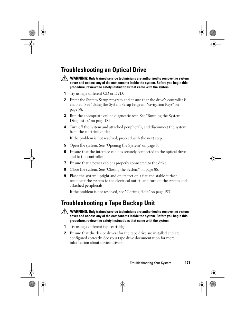 Troubleshooting an optical drive, Troubleshooting a tape backup unit | Dell PowerEdge T710 User Manual | Page 171 / 214