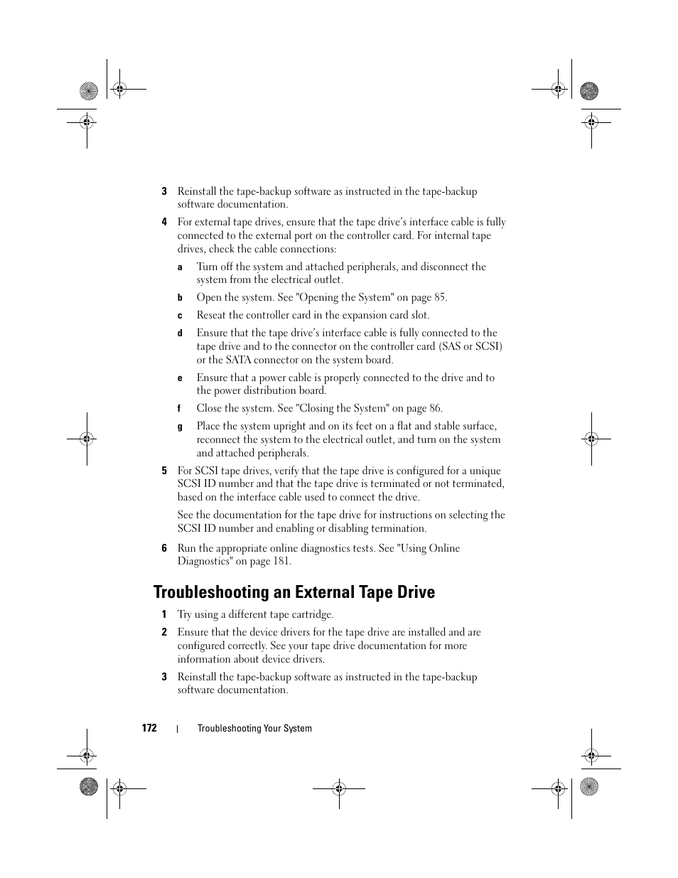 Troubleshooting an external tape drive | Dell PowerEdge T710 User Manual | Page 172 / 214