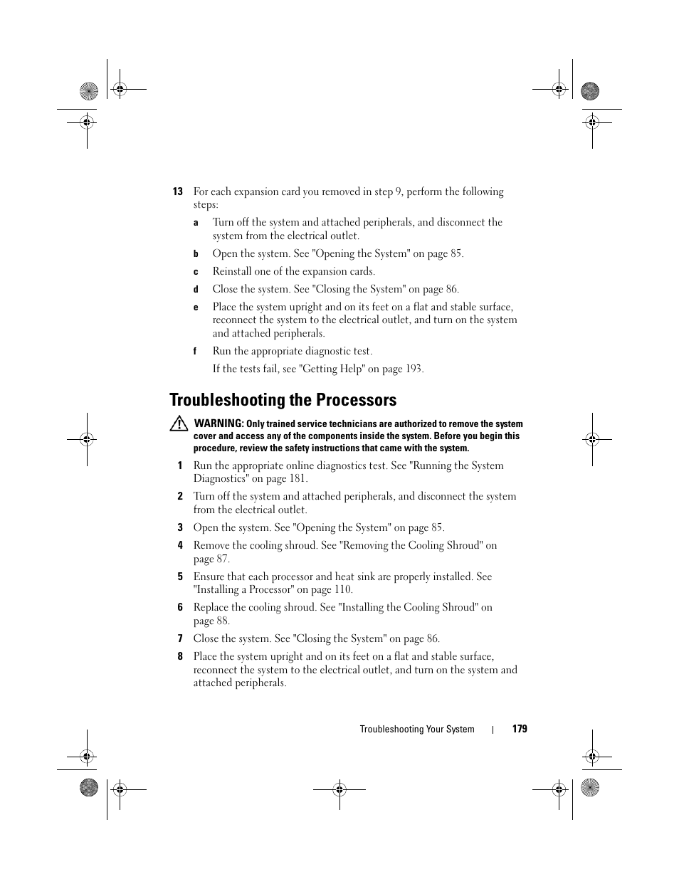 Troubleshooting the processors | Dell PowerEdge T710 User Manual | Page 179 / 214