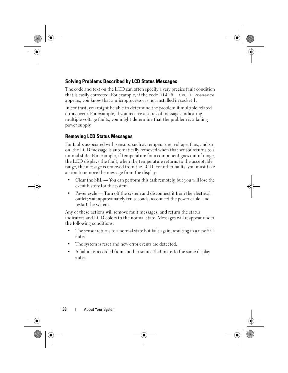 Solving problems described by lcd status messages, Removing lcd status messages | Dell PowerEdge T710 User Manual | Page 38 / 214