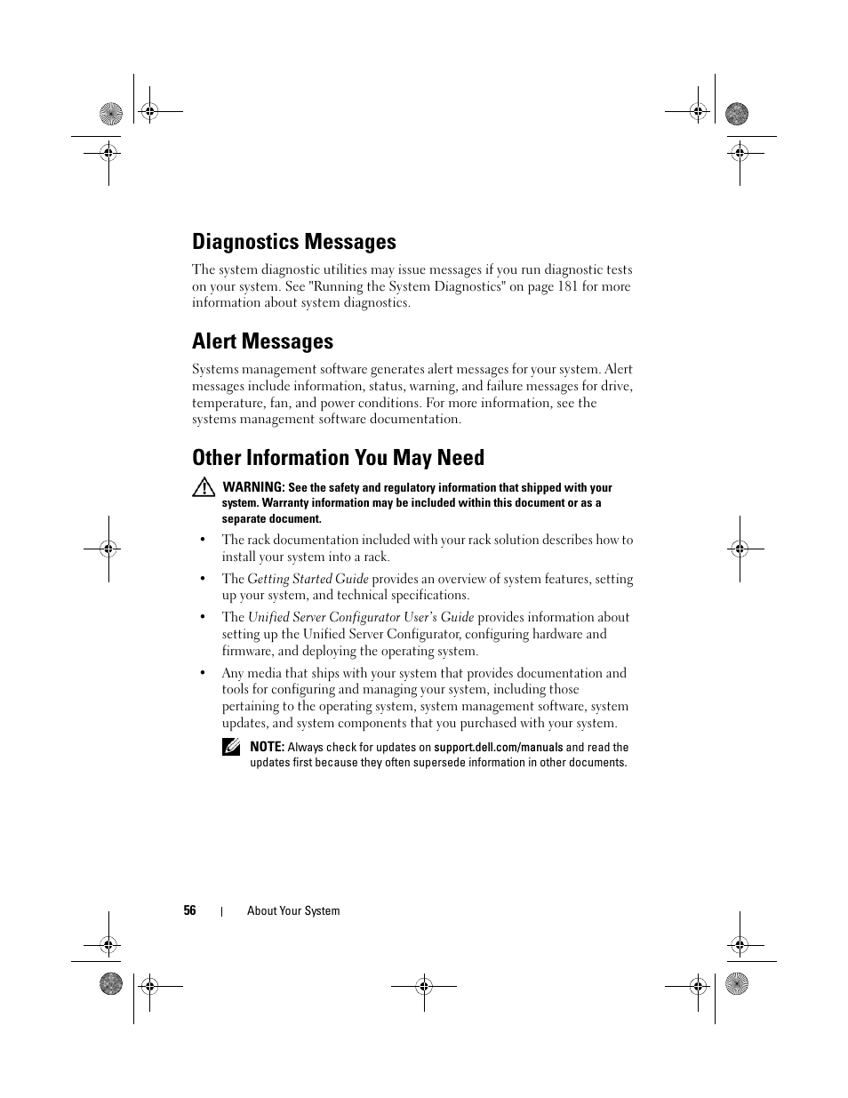 Diagnostics messages, Alert messages, Other information you may need | Dell PowerEdge T710 User Manual | Page 56 / 214