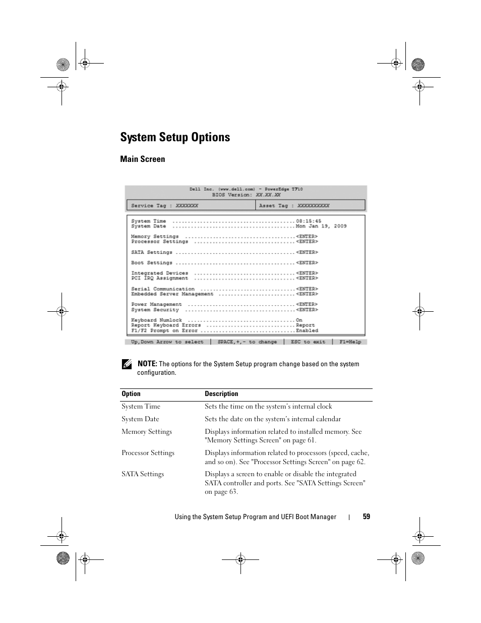 System setup options, Main screen | Dell PowerEdge T710 User Manual | Page 59 / 214