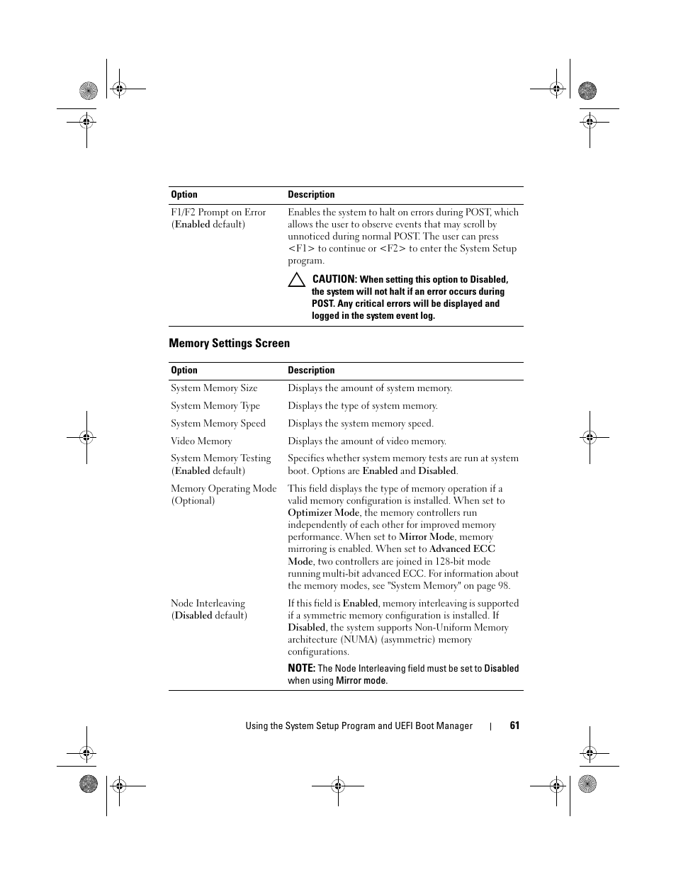 Memory settings screen | Dell PowerEdge T710 User Manual | Page 61 / 214