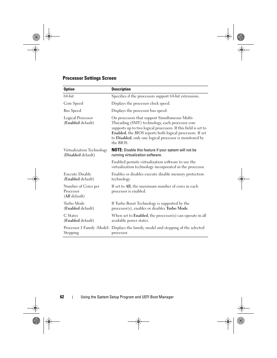 Processor settings screen | Dell PowerEdge T710 User Manual | Page 62 / 214