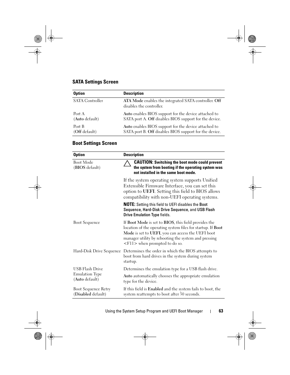 Sata settings screen, Boot settings screen | Dell PowerEdge T710 User Manual | Page 63 / 214