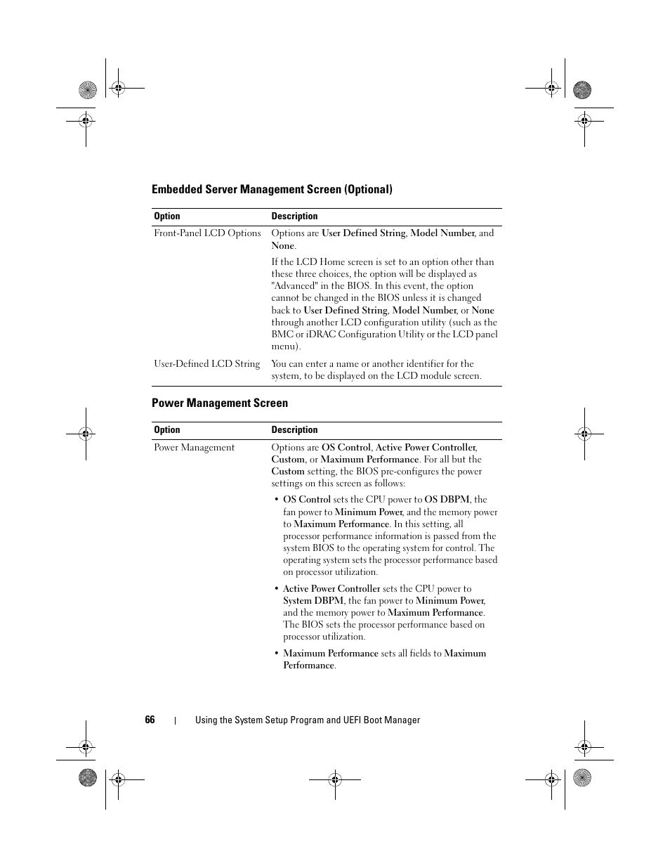 Embedded server management screen (optional), Power management screen | Dell PowerEdge T710 User Manual | Page 66 / 214