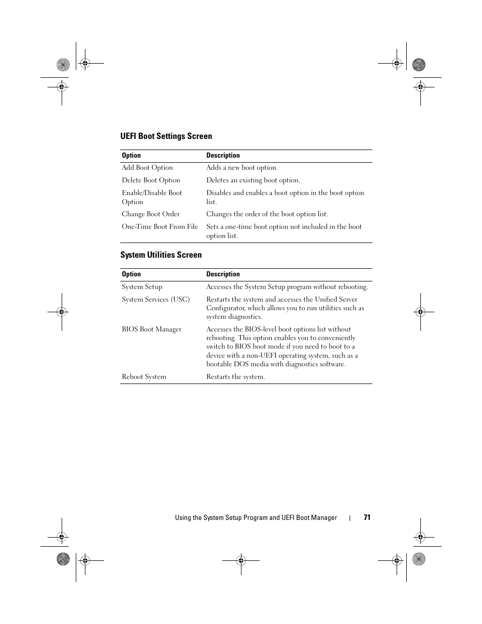 Uefi boot settings screen, System utilities screen | Dell PowerEdge T710 User Manual | Page 71 / 214