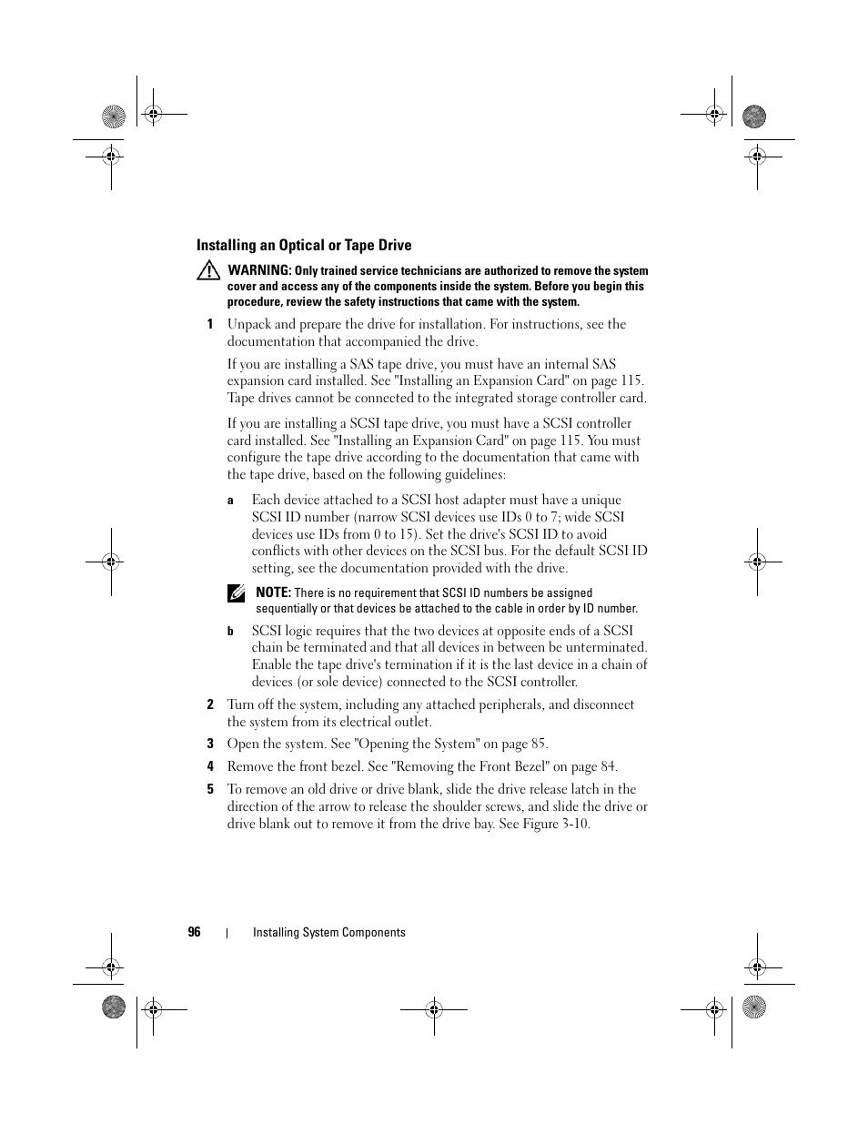 Installing an optical or tape drive, See "installing an optical or | Dell PowerEdge T710 User Manual | Page 96 / 214