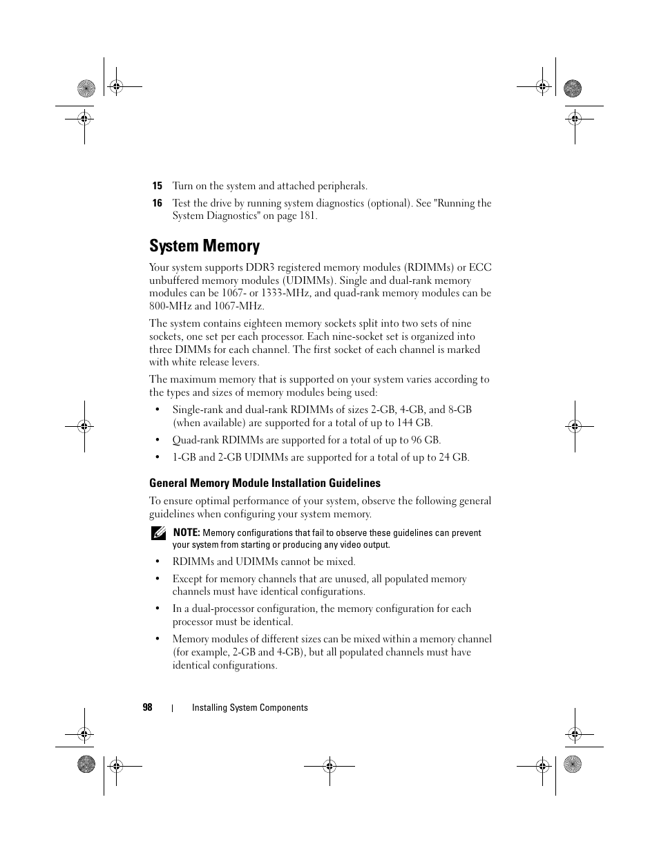 System memory, General memory module installation guidelines | Dell PowerEdge T710 User Manual | Page 98 / 214