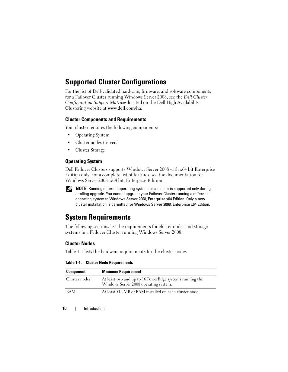 Supported cluster configurations, Cluster components and requirements, Operating system | System requirements, Cluster nodes | Dell AX4-5 User Manual | Page 10 / 72