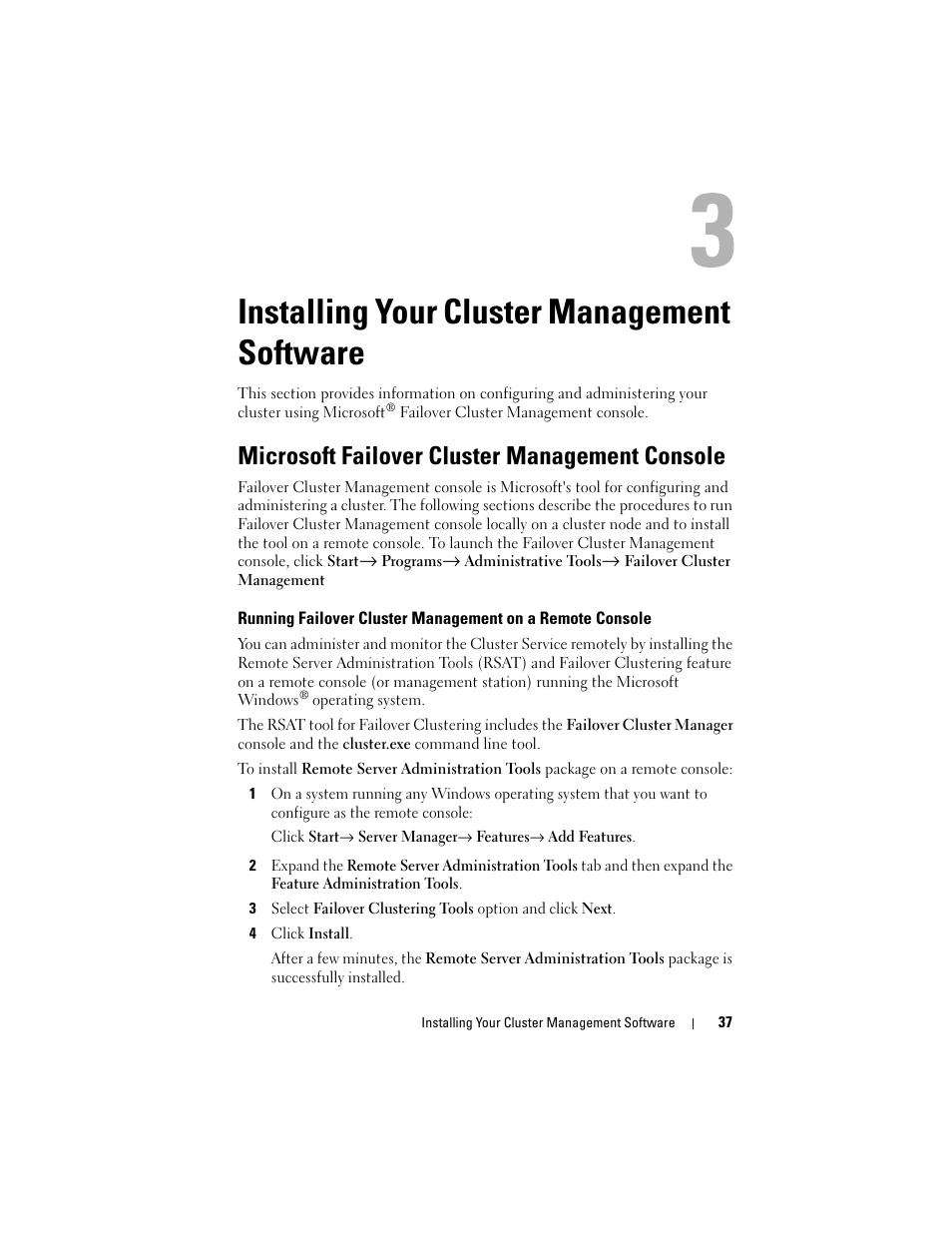 Installing your cluster management software, Microsoft failover cluster management console | Dell AX4-5 User Manual | Page 37 / 72
