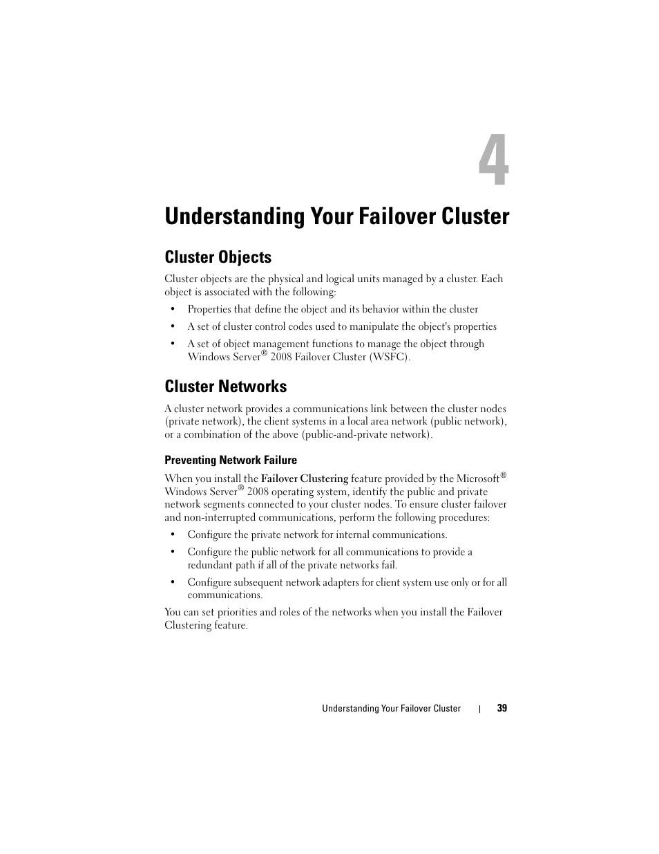 Understanding your failover cluster, Cluster objects, Cluster networks | Preventing network failure | Dell AX4-5 User Manual | Page 39 / 72