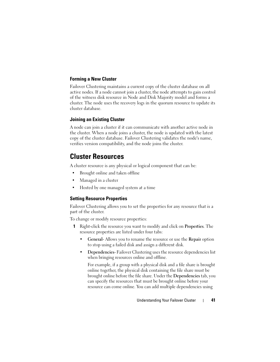 Forming a new cluster, Joining an existing cluster, Cluster resources | Setting resource properties | Dell AX4-5 User Manual | Page 41 / 72