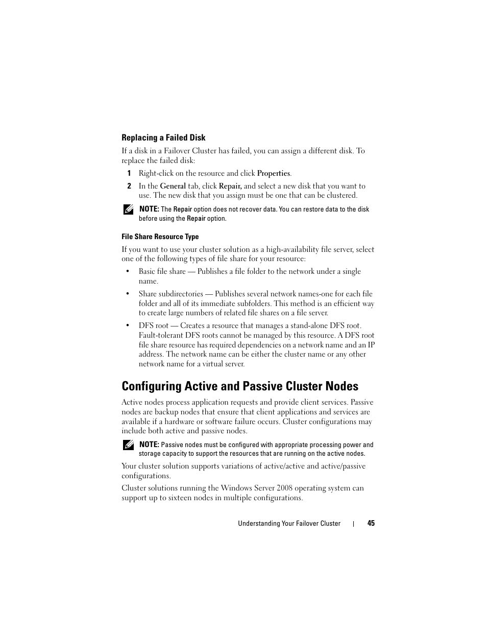 Replacing a failed disk, Configuring active and passive cluster nodes | Dell AX4-5 User Manual | Page 45 / 72