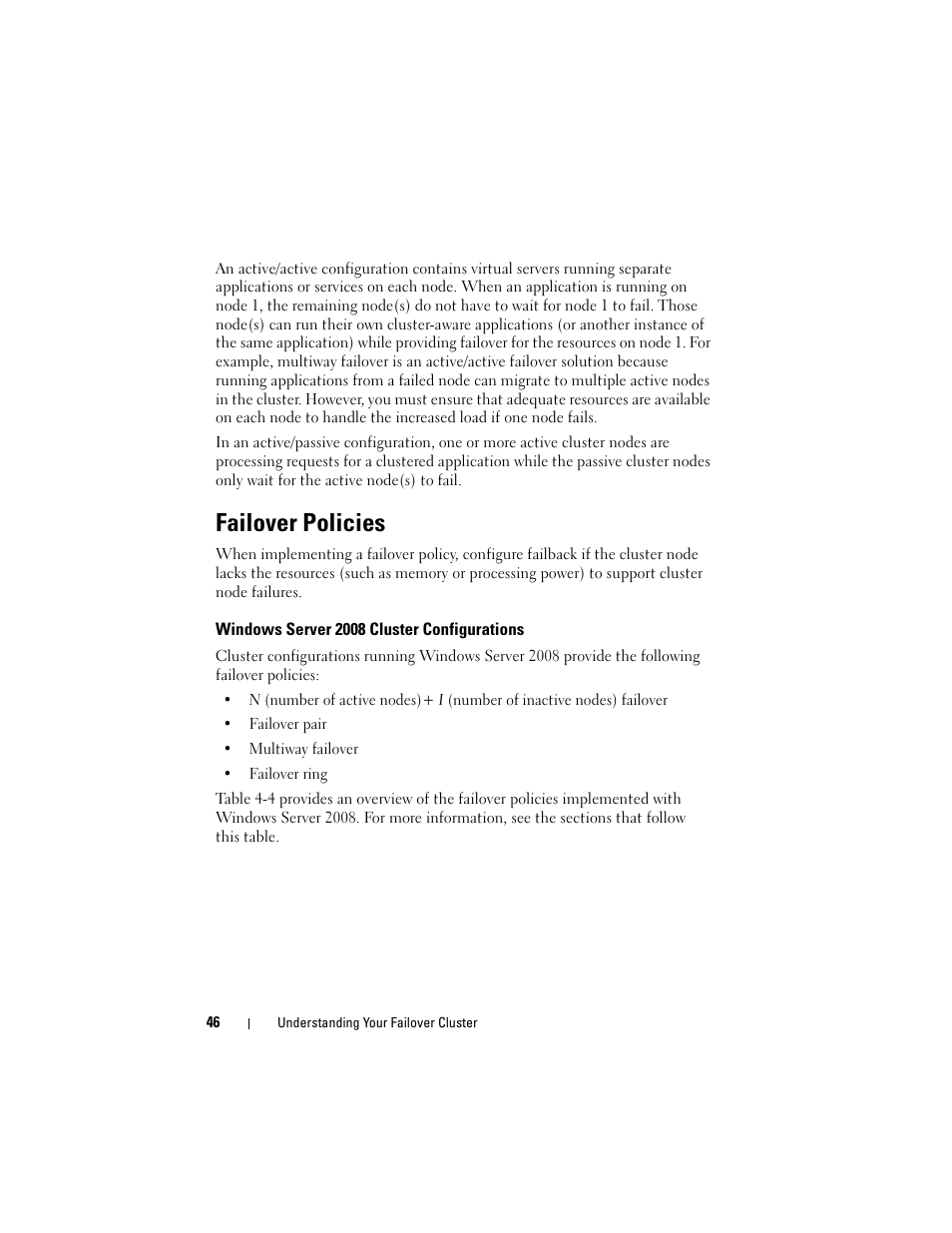 Failover policies, Windows server 2008 cluster configurations | Dell AX4-5 User Manual | Page 46 / 72