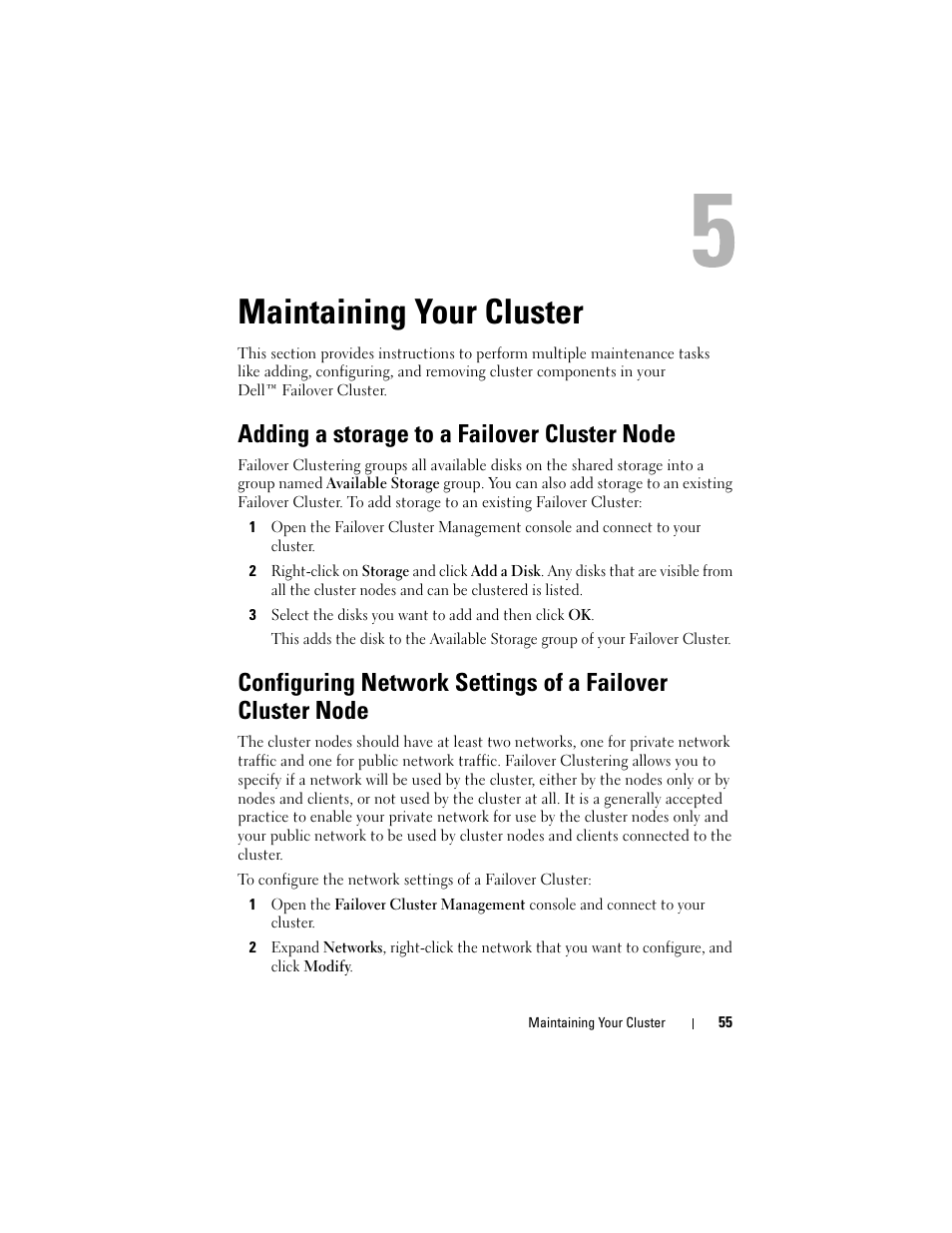Maintaining your cluster, Adding a storage to a failover cluster node | Dell AX4-5 User Manual | Page 55 / 72