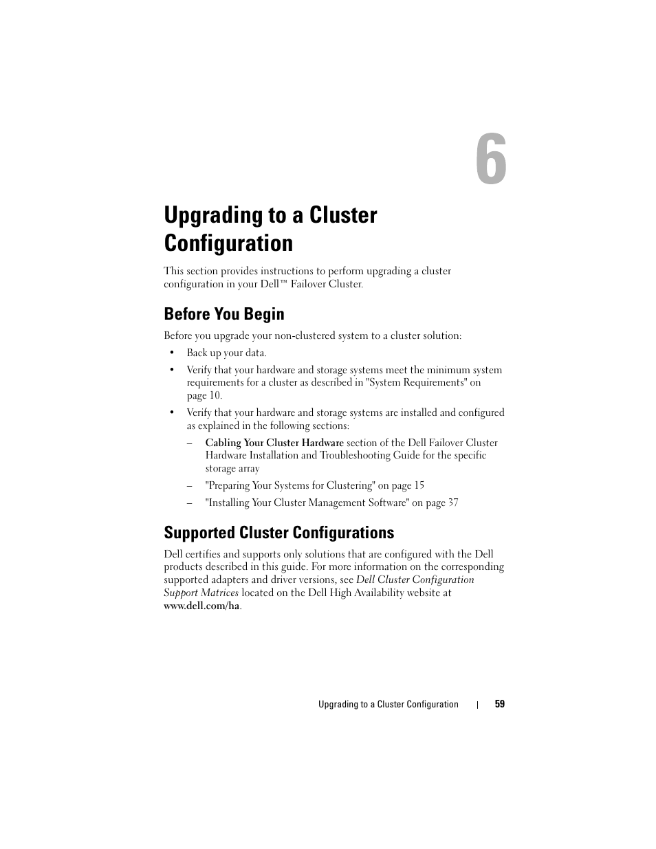 Upgrading to a cluster configuration, Before you begin, Supported cluster configurations | Dell AX4-5 User Manual | Page 59 / 72