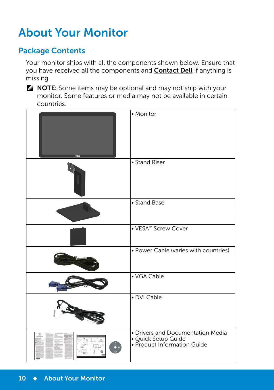 About your monitor, Package contents | Dell E2214Hv Monitor China Only User Manual | Page 10 / 68