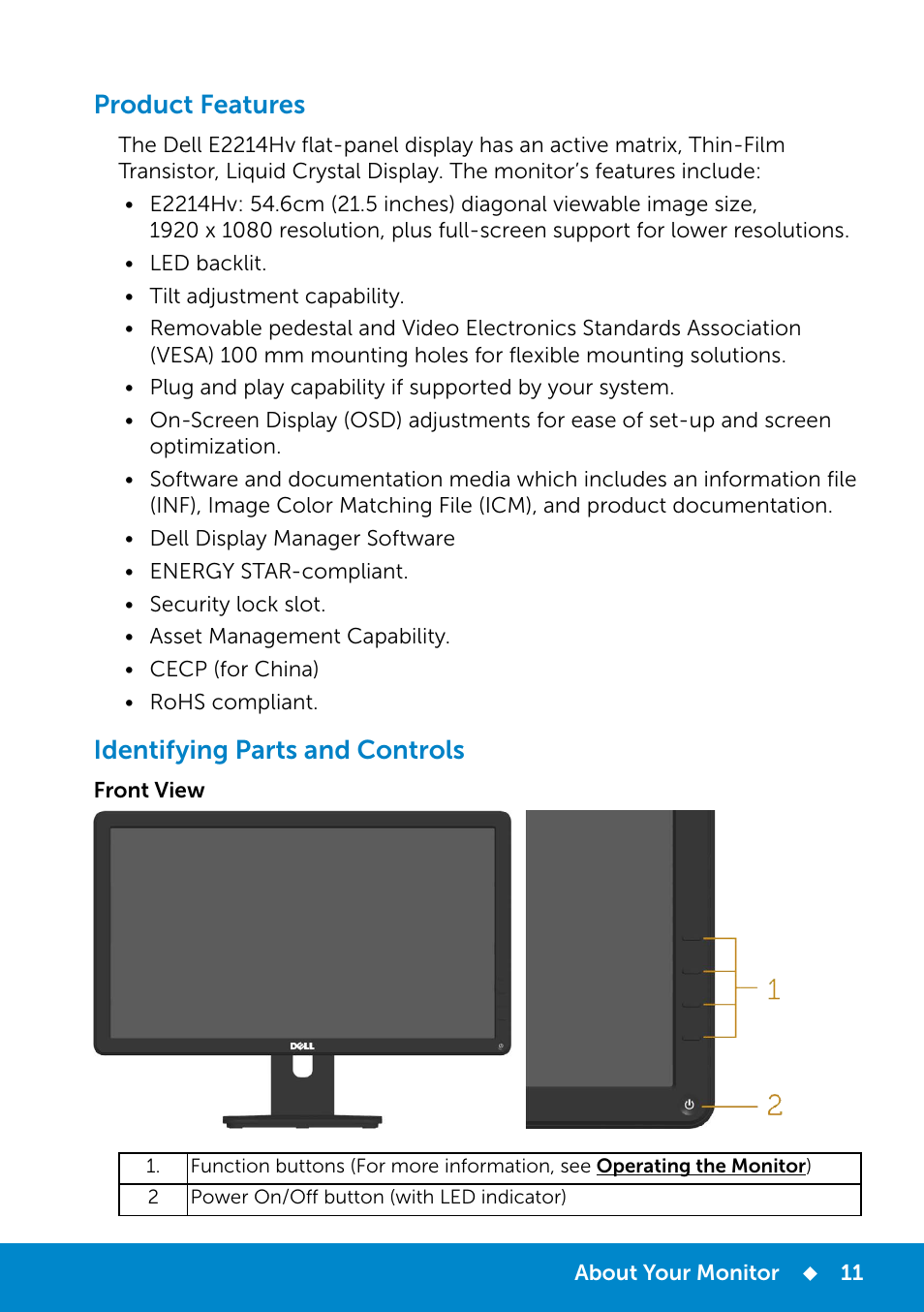 Product features, Identifying parts and controls, Product features identifying parts and controls | Dell E2214Hv Monitor China Only User Manual | Page 11 / 68