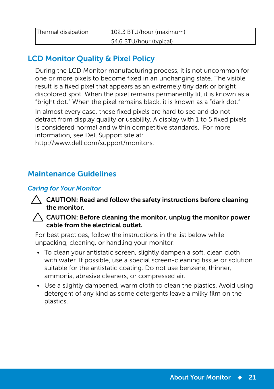 Lcd monitor quality & pixel policy, Maintenance guidelines, Caring for your monitor | Dell E2214Hv Monitor China Only User Manual | Page 21 / 68
