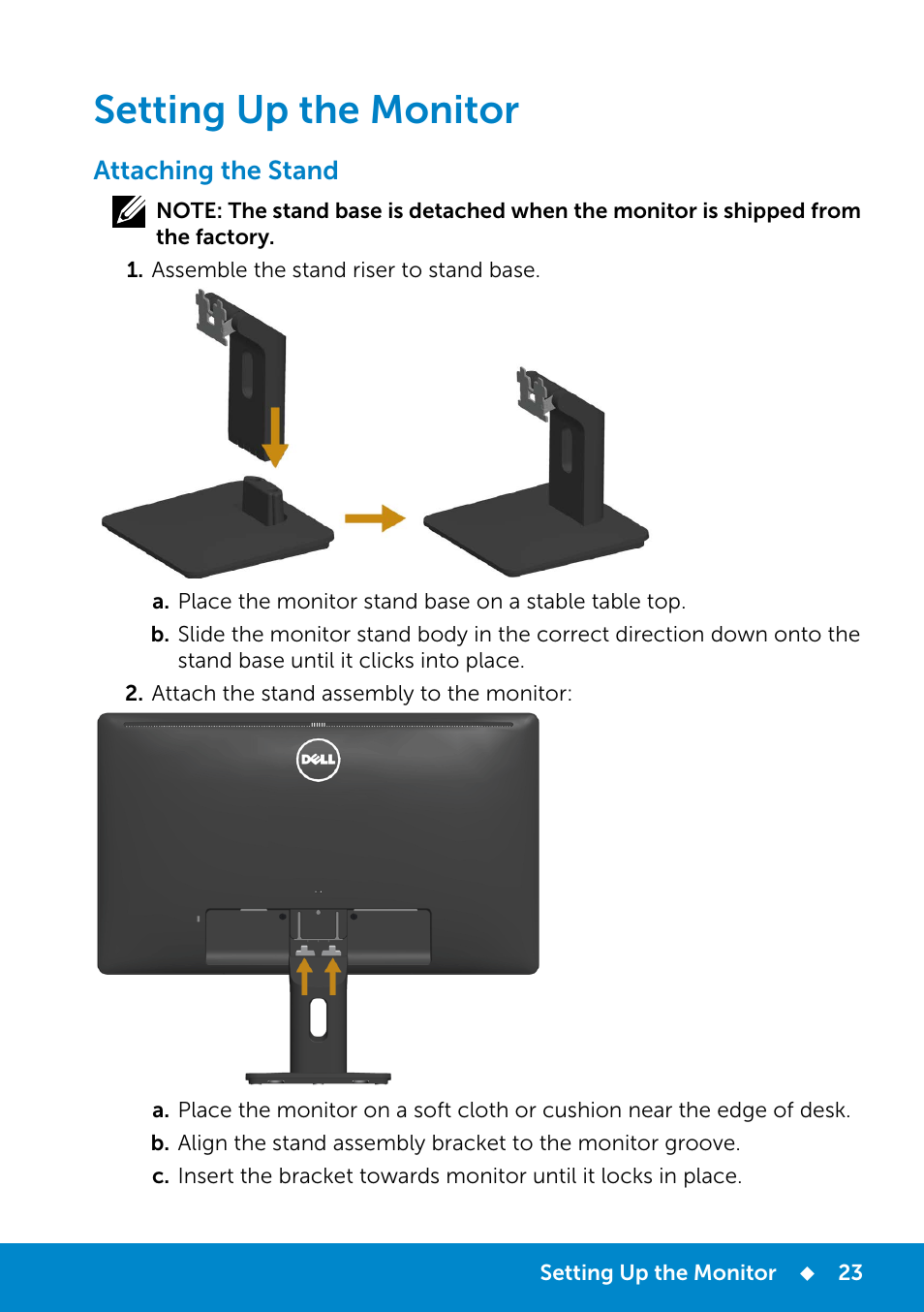 Setting up the monitor, Attaching the stand | Dell E2214Hv Monitor China Only User Manual | Page 23 / 68